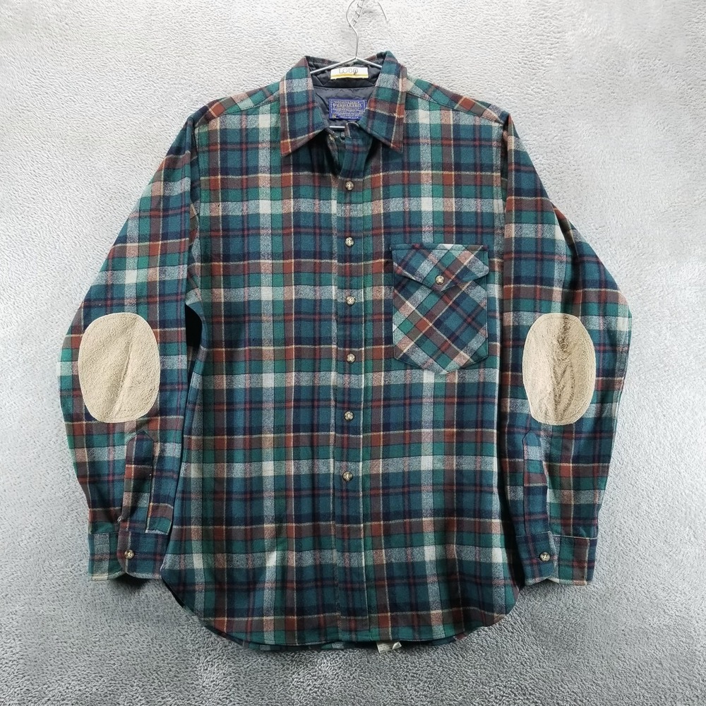 VTG Pendleton Shirt Mens M Green Wool Plaid Button Up Elbow Patches 70s